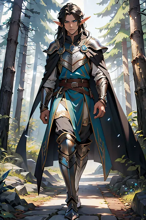 mature elf male, long messy hair black color, blue eyes, tall, wearing silver elf armor, brown travel cape, full body art, walk forward in forest