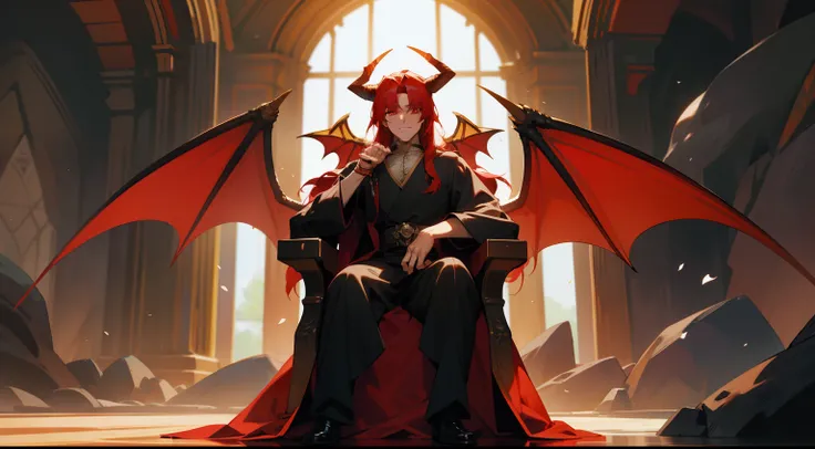 of a guy，Red-haired demon，large tall，mature，Handsome，There is a pair of dragon wings on the back，Western fantasy，Fairytales，There is a pair of dragon horns on the head，sitting on an royal throne，In the cave，Positive image，Works of masters，A high resolution...