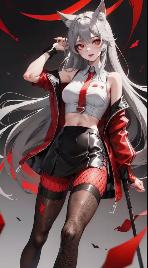 adult girl, Medium length gray hair, Red eyes, Wolf ears, Red tight top, Sleeveless, fishnet tights, Leather skirt, Masterpiece, hiquality