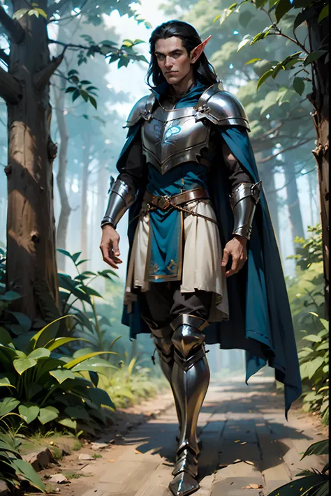 Mature male elf, long disheveled black hair, blue eyes, ah high, In the silver armor of the elves, Brown travel cape, full body art, Walk forward through the woods