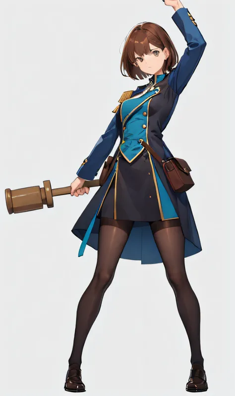 Woman with hammer in one hand, Brown hair, short-cut, Blue Uniform, Black tights, brown shoes,