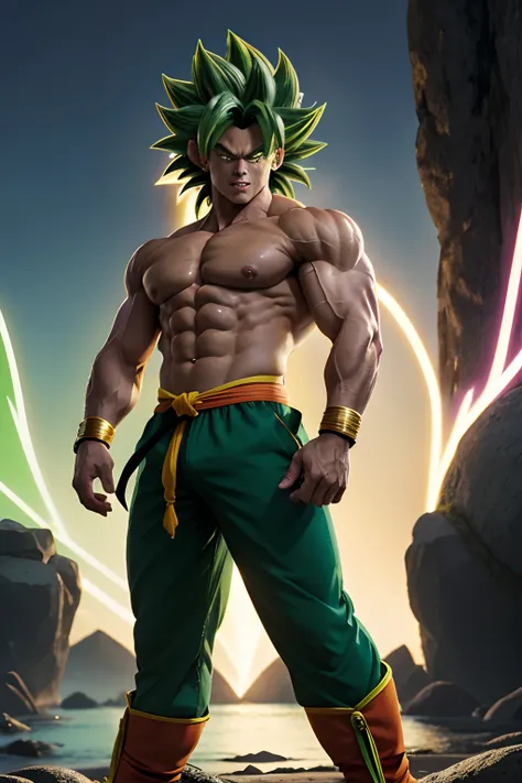 Broly Super Sayajin, rei macaco, rosto definidos, olhos brancos, corpo definido, perfil, Japanese manga