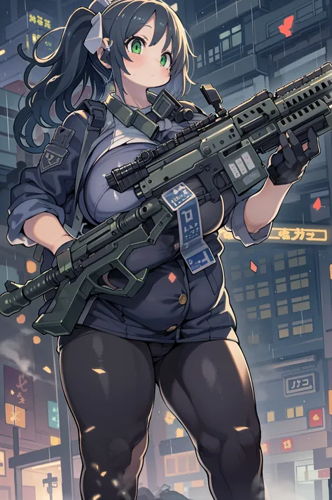 (((Hold a huge assault rifle)))、Long sideburns、Anime-style girl with beautiful whole body, clean detailed faces, ciber,analogous colors, Glowing shadows, beautiful gradients, depth of fields, CLEAN IMAGE, High quality,Black Parker Clothing、 high detailing,...