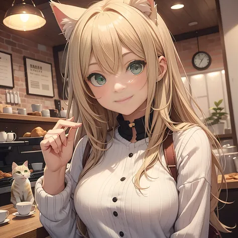 a girl., Green-eyed blonde, long-haired, cat ears girl, Dawn Hair, The girl smiled, did not see the teeth., age is 18 years old, Wear casual clothing. , resting, In a café, Perfect size of the breasts., red cheeks, Naughty gesture.., Gentle face,