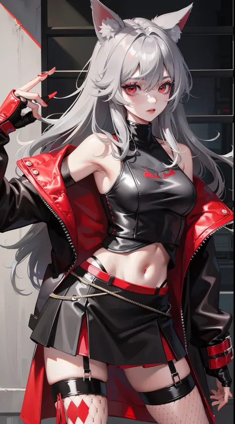 adult girl, Medium length gray hair, Red eyes, Wolf ears, Red tight top, Sleeveless, fishnet tights, Leather skirt, Masterpiece, hiquality