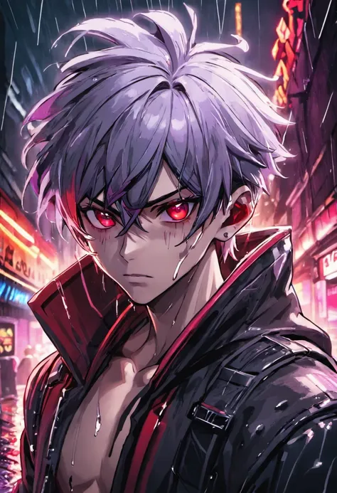 fotografia de close-up, Confident cyberpunk young man with black and white hair with a single red horn located on the right side of his head, usando um capuz com desenhos vermelhos e roxo, on a rain-soaked street at night, fotorrealista, Cinematic lighting