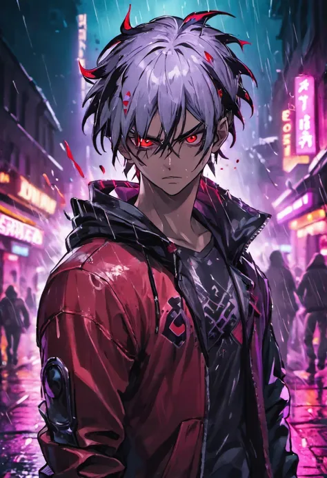 fotografia de close-up, Confident cyberpunk young man with black and white hair with a single red horn located on the right side of his head, usando um capuz com desenhos vermelhos e roxo, on a rain-soaked street at night, fotorrealista, Cinematic lighting