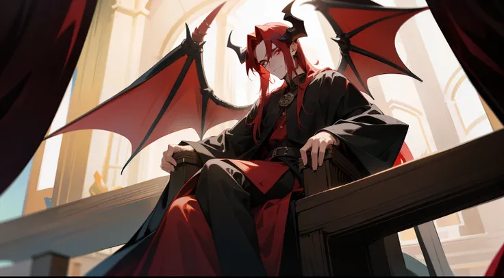 of a guy，Red-haired demon，black-clad，large tall，mature，Handsome，There is a pair of dragon wings on the back，Western fantasy，Fairytales，There is a pair of dragon horns on the head，sitting on an royal throne，In the cave，Positive image，Works of masters，A high...