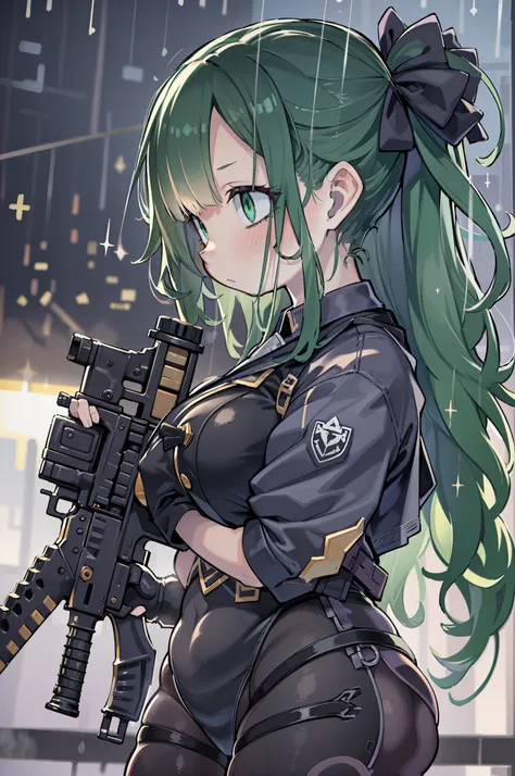 (((Hold a huge assault rifle)))、Long sideburns、Anime-style girl with beautiful whole body, clean detailed faces, ciber,analogous colors, Glowing shadows, beautiful gradients, depth of fields, CLEAN IMAGE, High quality,Black Parker Closing、 high detailing, ...