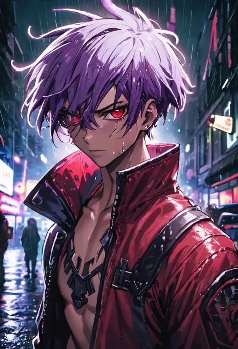 fotografia de close-up, Confident young cyberpunk with black and white hair with a single red horn located on the right side of his head, usando um capuz com desenhos vermelhos e roxo, on a rain-soaked street at night, fotorrealista, Cinematic lighting