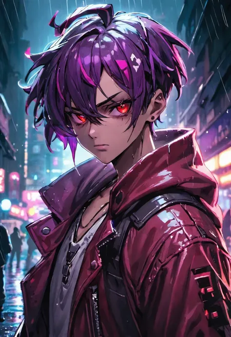 fotografia de close-up, Confident young cyberpunk with black and white hair with a single red horn located on the right side of his head, usando um capuz com desenhos vermelhos e roxo, on a rain-soaked street at night, fotorrealista, Cinematic lighting