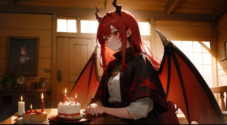 one-girl，Red-haired demon，There is a pair of dragon wings on the back，Western fantasy，Fairytales，There is a pair of dragon horns on the head，Stand in a wooden cabin room，There was a birthday cake on the table，Works of masters，A high resolution，Exquisite fa...