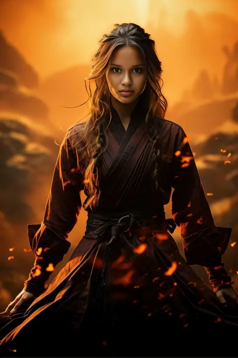 a woman in a cloak standing in front of a mountain, belas fotos avatar, flowing hair and long robes, Ela tem poderes de fogo, inspirado em Magali Villeneuve, Imogen Poots como um guerreiro santo, Fanart, personagem do cartaz do filme, foto de retrato, imag...