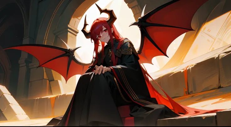 of a guy，Red-haired demon，black-clad，large tall，Handsome，There is a pair of dragon wings on the back，Western fantasy，Fairytales，There is a pair of dragon horns on the head，sitting on an royal throne，In the cave，Positive image，Works of masters，A high resolu...