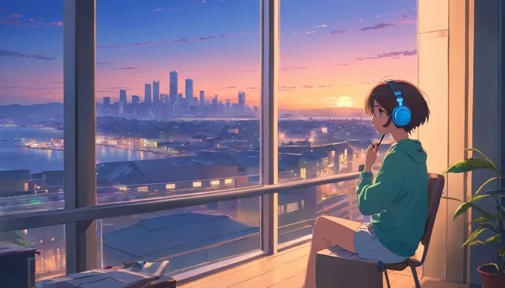 hiquality、4K、portlate、512、lo fi、Girl in headphones sitting on a chair、Take a nap at your desk、City view outside the window、early evening、PastelColors、Painting、Face of Details