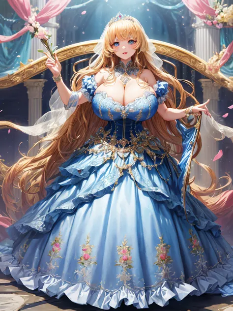 (masterpiece, best quality,extremely detailed:1.1),(moe anime art style:1.2),1girl,((full body)),((solo)), cute, kawaii,digital art,((1 bling-bling anime princess wearing beautiful embroidery and jeweled ruffled gorgeous princess ballgown with voluminous f...