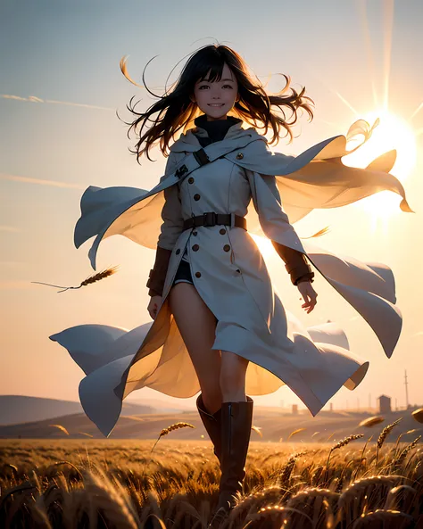 Delicate girl, wind coat, Long boots, short detailed hair)Walk on the field, A big smile in the sunset sun, The breeze blows through, The wheat in the wheat field sways with the wind, backlighting, sunlight, natural lighting, UHD