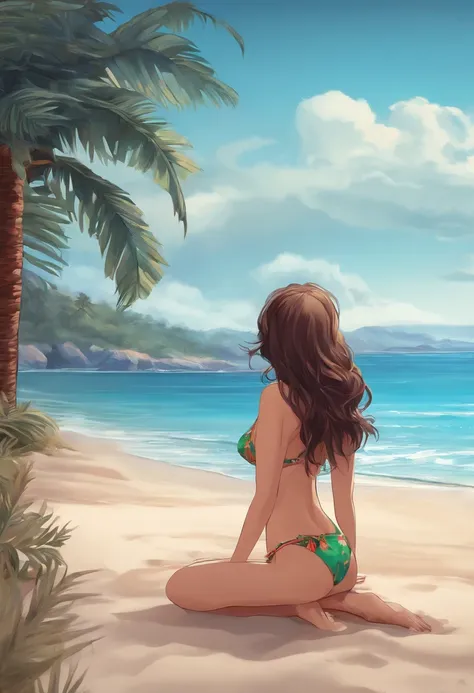 anime girl in bikini on beach with palm tree and ocean,