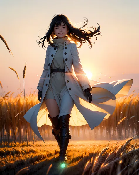 Delicate girl, wind coat, Long boots, short detailed hair)Walk on the field, A big smile in the sunset sun, The breeze blows through, The wheat in the wheat field sways with the wind, backlighting, sunlight, natural lighting, UHD