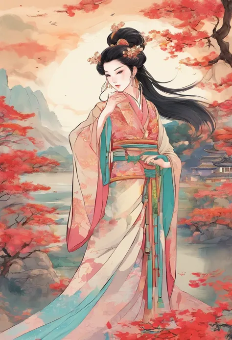 A beautiful dancer in ancient China,linhas delicadas,trajes lindos na China antiga,delicate and vivid,shy face,sobrancelhas de folha de salgueiro,Representation of personality,Cabelos enrolados,folha de ouro,nuvens fluindo,Aquarela,guindaste ao redor,Pintu...