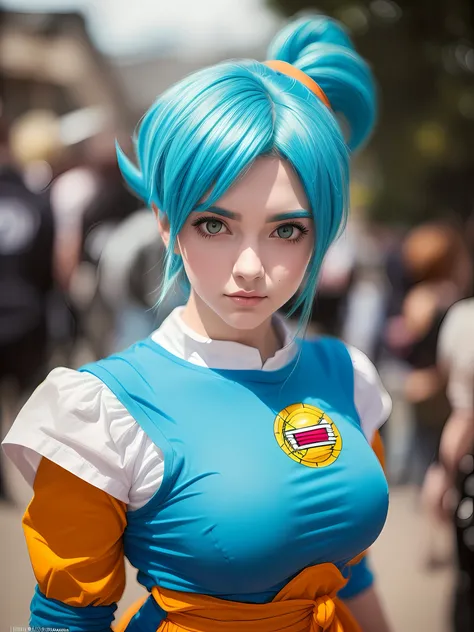 Uma mulher jovem linda atraente inspirada em Emily Rudd, como Emily Rudd, (((com traje de cosplayer de Bulma pesonagem de dragon ball))), (((Autorretrato do rosto realista))), (((roupa perfeita, intrincada realistica)))