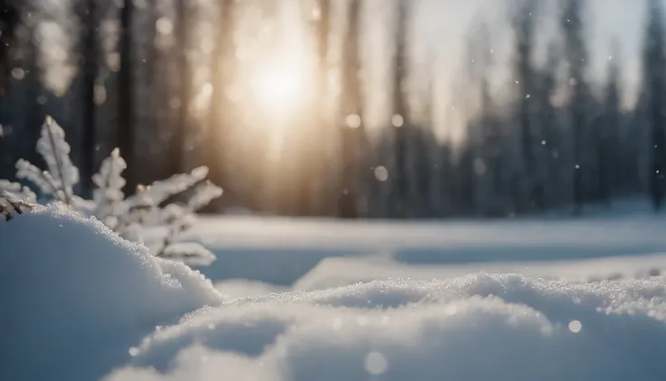 ((hight resolution,8K)), Highly detailed detail,Crisp focus:1.2,Snow closeup, Macro Close Shot, On flat snow, Smooth snow, Forest in the background, depth of fields