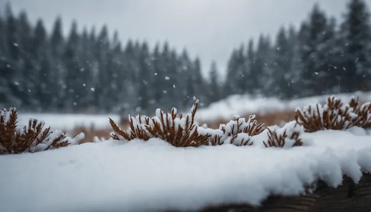 ((hight resolution,8K)), Highly detailed detail,Crisp focus:1.2,Snow closeup, Macro Close Shot, On flat snow, Smooth snow, Forest in the background, depth of fields