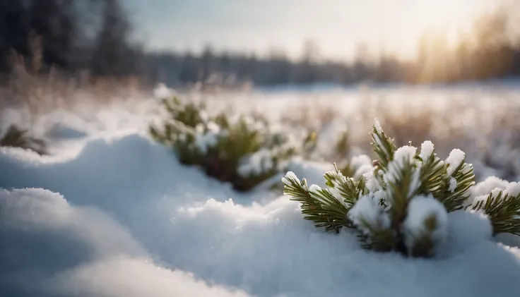 ((hight resolution,8K)), Highly detailed detail,Crisp focus:1.2,Snow closeup, Macro Close Shot, On flat snow, Smooth snow, Forest in the background, depth of fields