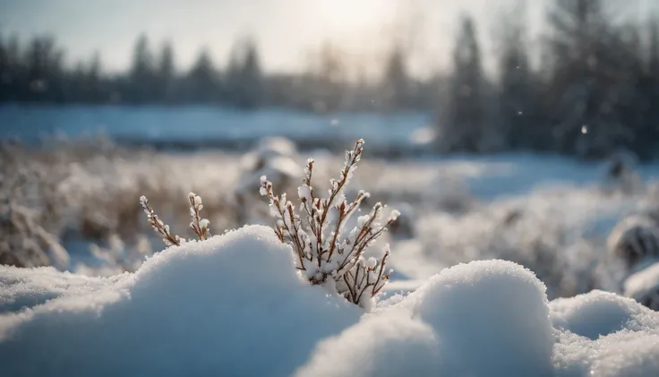 ((hight resolution,8K)), Highly detailed detail,Crisp focus:1.2,Snow closeup, Macro Close Shot, On flat snow, Smooth snow, Forest in the background, depth of fields