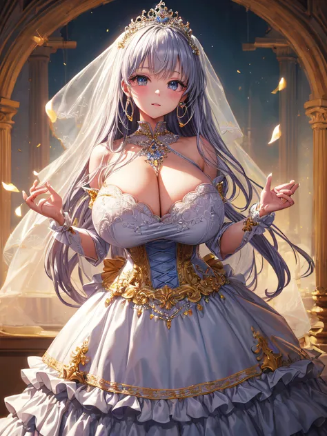 (masterpiece, best quality,extremely detailed:1.1),(moe anime art style:1.2),1girl,((full body)),((solo)), cute, kawaii,digital art,((1 bling-bling anime princess wearing beautiful embroidery and jeweled ruffled gorgeous princess ballgown with voluminous f...