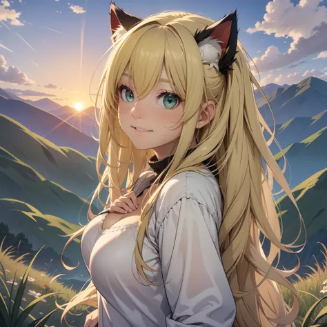 a girl., Green-eyed blonde, long-haired, cat ears girl, Dawn Hair, Cute Smiling Girl, Age 20, Wear casual clothing. , Perfect breast size, red cheeks, Camping, In the mountains, dawn, sunrise