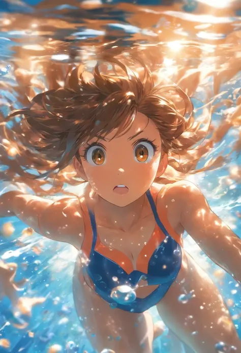 foreshortening,  depth of fields, masutepiece, Best Quality, 1girl in, Brown hair, Brown eyes,  Long hair, under the water, Air bubble, Solo, Looking at Viewer, School Swimsuit, Swimming,  Dappled sunlight,