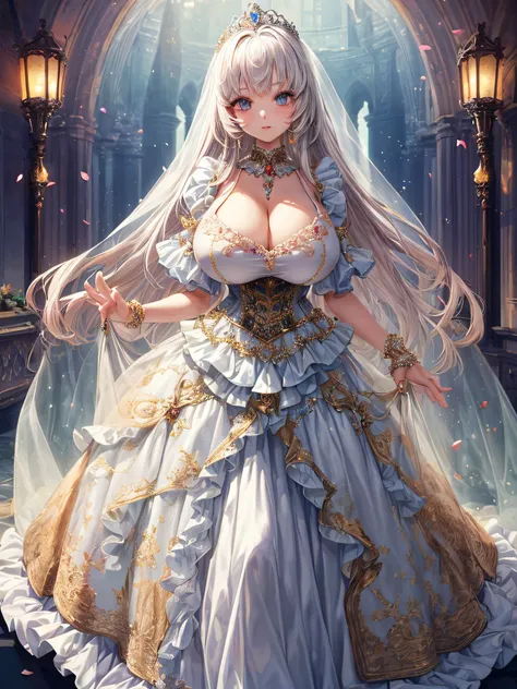 (masterpiece, best quality,extremely detailed:1.1),(moe anime art style:1.2),1girl,((full body)),((solo)), cute, kawaii,digital art,((1 bling-bling anime princess wearing beautiful embroidery and jeweled ruffled gorgeous princess ballgown with voluminous f...