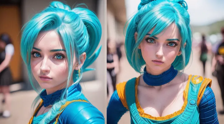 Uma mulher jovem linda atraente inspirada em Emily Rudd, como Emily Rudd, (((com traje de cosplayer de Bulma personagem de dragon ball))), (((Autorretrato do rosto , rosto realista, foto centralizada))), (((roupa perfeita, intricate realism))), fotoretrato...