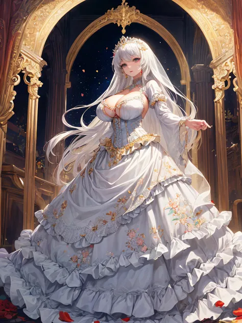 (masterpiece, best quality,extremely detailed:1.1),(moe anime art style:1.2),1girl,((full body)),((solo)), cute, kawaii,digital art,((1 bling-bling anime princess wearing beautiful embroidery and jeweled ruffled gorgeous princess ballgown with voluminous f...