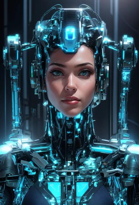 a closeup of a woman with a futuristic headpiece and a machine, perfect cyborg female, menina bonita ciborgue, cyborg menina bra...