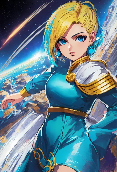 um close up de uma mulher com cabelos loiros e olhos azuis, portrait anime space cadet girl, 8 0 s estilo de arte anime, Bulma de Dragon Ball, 8 0 s vibe anime, no estilo de arte do anime 8 0 s, 8 0 s estilo anime, 9 0 s estilo de arte anime, portrait knig...