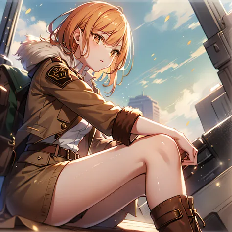 orange eyes light,richly faded light long orange hair, anime 1girl, brown military boots,khaki jacket with fur-trimmed, (good leg:1.1), (best hand:1.2), on military car truck,