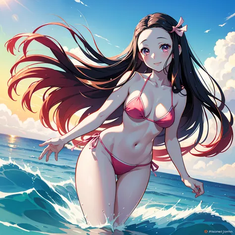 (best quality,4k,8k,highres,masterpiece:1.2),ultra-detailed,(realistic,photorealistic,photo-realistic:1.37),beautiful Nezuko Kamado with stunning eyes in a vibrant Pink bikini,Nezuko Kamado in a lively beach scene with crystal clear water and soft sandy be...