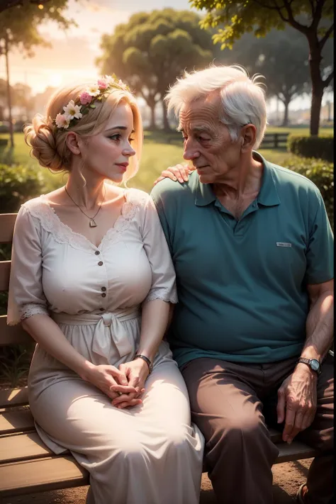 in a romantic setting, Draw an elderly couple holding hands, sentados em um banco de parque. They have deep wrinkles on their face, mas os olhos deles ainda brilham com amor. Ao fundo, Put on a golden sunset and a leafy tree with pink flowers. Isso simboli...