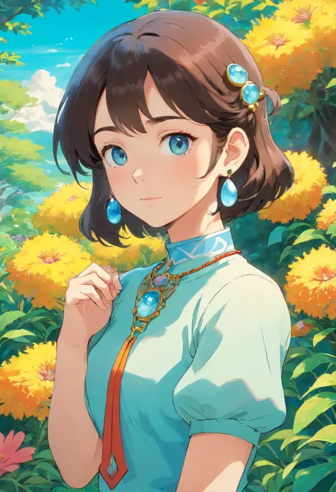 a girl wearing an anime collar, a long necklace and earrings, in the style of tranquil gardenscapes, colorful animation stills, masami teraoka, aquamarine, paul gauguin, Embry style, honest portrayal