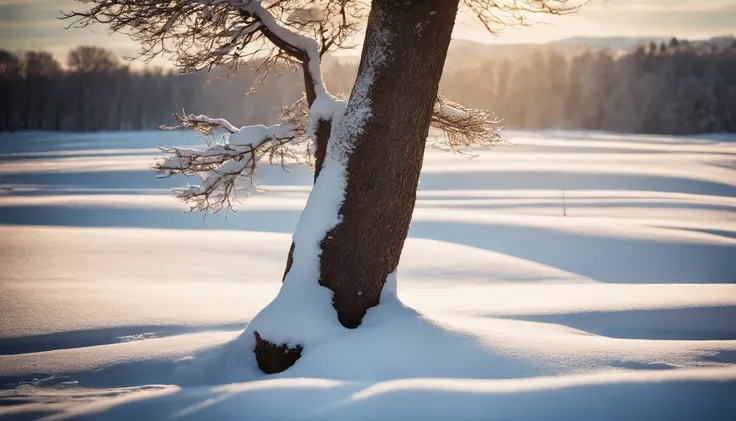 Tree on background々and snowy ground,Snowy ground, Snow, Shining snow, Soft light in winter, Sunny winter day, snowy background, Snow landscape background, winter atmosphere, snowy environment, winter snow, Snowy landscape, winter sun, Winter in the snow