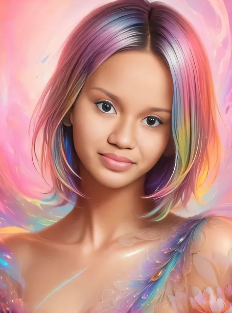 um close up de uma mulher com um cabelo colorido e um vestido, rainbow hair overlay, pastel coloring, arte de fantasia digital colorida, pintura digital colorida, color airbrush, airbrush digital art, Airbrushed, with sprouting rainbow hair, retrato de fan...