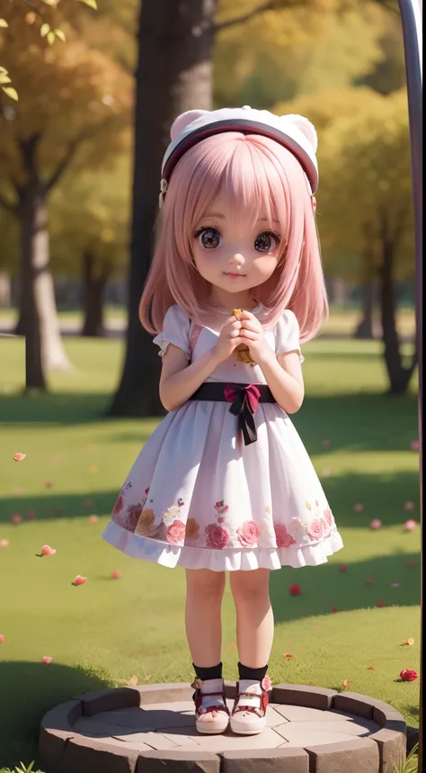 Cute baby chibi anime,(((chibi 3d))) (Best quality) (Master price)、Chibi model、white and purple dress、Tiger head hat、Autumn in the fairytale forest、Lots of realistic roses、In both hands、There is a gun