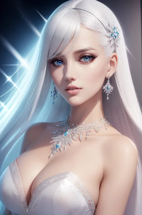 ultra detailed beautiful woman, 25 years-old woman, stunningly beautiful, white hair, white dress, white eyes, her whole head is visible with hair, white jewel necklace, earrings, dark blue eyeshadow visible on her eyelids and eyeliner on her eyes, very lo...