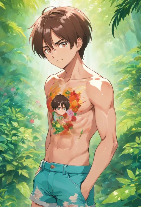 a eren yeager wearing an anime ripped shirt , in the style of tranquil gardenscapes, colorful animation stills, masami teraoka, aquamarine, paul gauguin, Embry style, honest portrayal