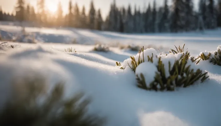 ((hight resolution,8K)), Highly detailed detail,Crisp focus:1.2,Snow close-up, Macro Close Shot, On flat snow, Smooth snow, Forest in the background, depth of fields