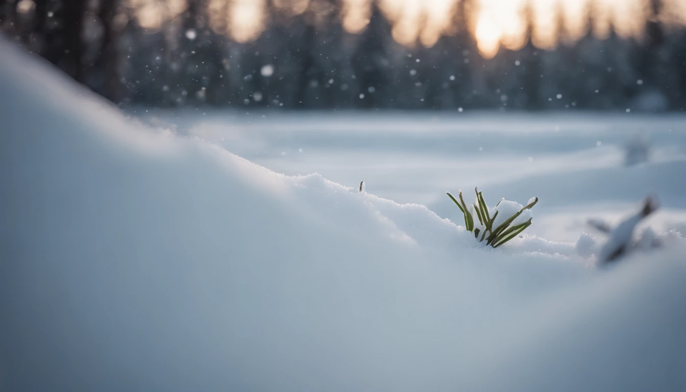 ((hight resolution,8K)), Highly detailed detail,Crisp focus:1.2,Snow close-up, Macro Close Shot, On flat snow, Smooth snow, Forest in the background, depth of fields