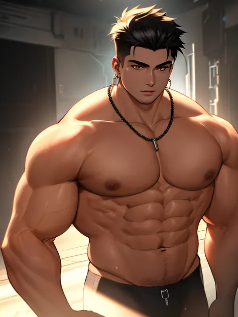 (((Masterpiece))), realistic, ((20-year-old man)), (((Bare chest))) (((No necklace or earrings))) (((Whole body))) Seriously face, yellow eyes and black hair, Warcraft orc of tan skin, everything but his height was big. His shoulders ridiculously broad, hi...