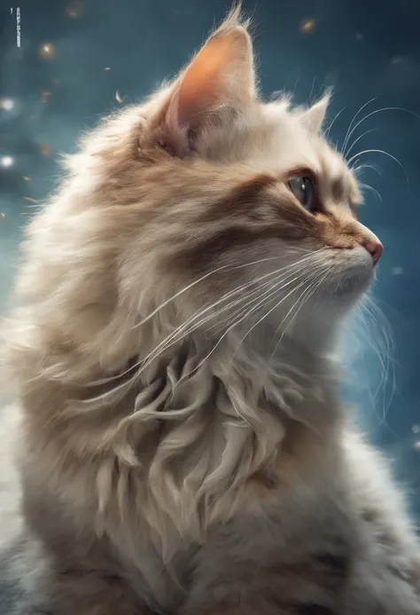 gato pelos completamente brancos, pelos longos, olhos de cores diferentes um azul o outro marrom esverdeado, sitting looking up at the sky like an angel with a golden areola over his head, gato lindo, paper awesome wallpaper, Arte digital detalhada em 4k, ...